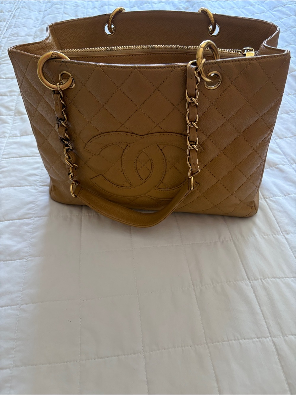 CHANEL Quilted Tote in Camel with Gold Hardware